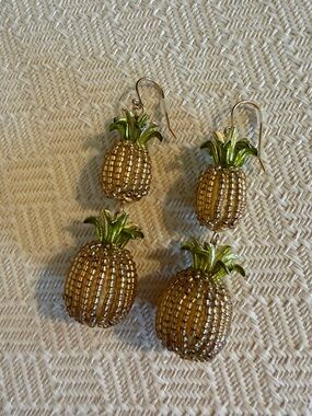 Kate Spade Pineapple Double Drop Gold and Green Tropical Earrings